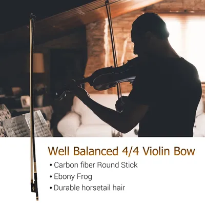 4/4 Violin Fiddle Bow Carbon Fiber Round Stick Ebony Frog Horsetail Hair Well Balanced