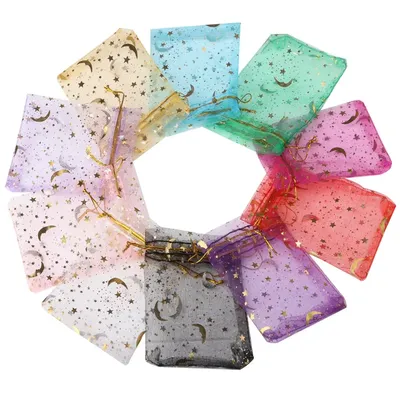 50pcs/lot Moon Star Organza Gift Bag 7x9 9x12 10x15cm Multicolor Gifts Pouches For Wedding Party