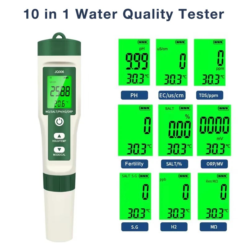Digital PH Meter 10 in 1 Resistivity/Nutrient Solution Fertility/H2/Temp/ORP/EC/TDS/Salinity/S.G/PH Meter Water Quality Tester