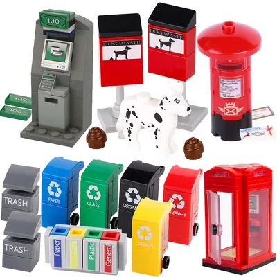 MOC Dog Wast Building Blocks Trash Can ATM Cash Point City Street View Postbox Telephone Booth