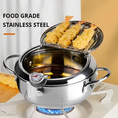 1pc Stainless Steel Oil Pan Household Thermometer With Cover Tempura Oil Fryer Small Oil Saving