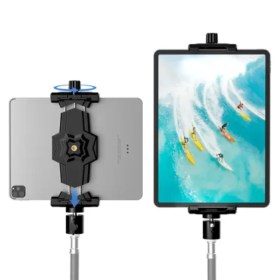 iPad and Phone Tripod Mount Adapter with Ball Head iPad Holder for Tripod 360 Rotatable Tablet Clamp