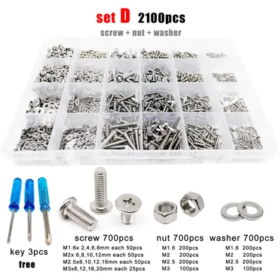 400/2100pcs M1.6 M2 M2.5 M3 M4 304 Stainless Steel Cross Phillips Flat Ultra Thin Head Screw Bolt