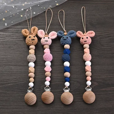 Beech Wood Baby Pacifier Clip Wooden Crochet Rabbit Teething Chain For Baby Teether Soother Nipple