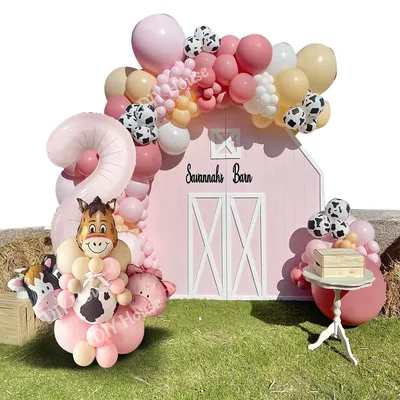 Carton Farm Animal Balloon Set with Pink Foil Number Balloon for Kids Farmland Animal Happy Birthday