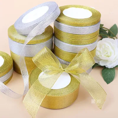 22meters/roll 6/10/15/20/25/40/50mm Gold silver Glitter Ribbon Wedding Cake Gift Decoration Craft