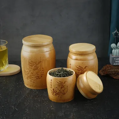 Chinese Carved Tea Canister Handmade Bamboo Tea Storage Box Food Spice Organizer Case Lid Seal