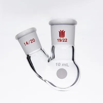 SYNTHWARE Thick walled slanted two necked bottle, Two-necked flask oblique shape, 10mL 25mL 50mL,