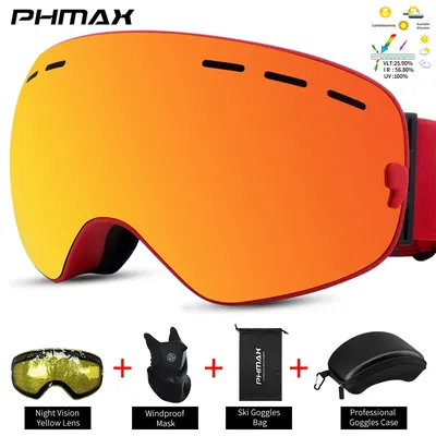PHMAX Ski/Snowboard Goggles for Men Women, OTG Snow Goggles Anti Fog UV Protection Red Double Layers