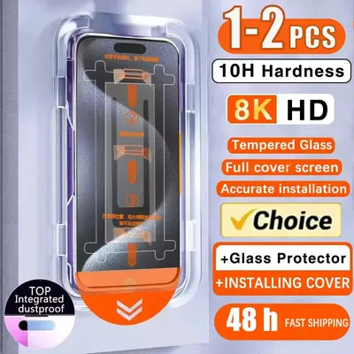 1-2pcs 8K HD Tempered Glass Screen Protector For IPhone 16 17 16e 13 12 15 14 11 Pro Max 8 Plus 13 12 Mini SE Auto-Dust Removal