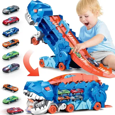 Transport Dinosaur Hauler Truck Foldable Sliding 25 Inch Race Track Transforms into Standing T-rex
