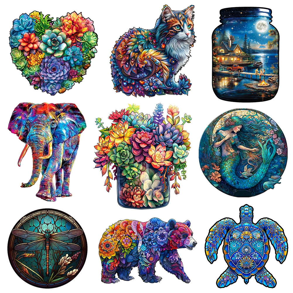 Wooden puzzle - Colorful succulent - Adult and children's wooden puzzle - Unique shaped animal wooden puzzle - Adult Jigsaw