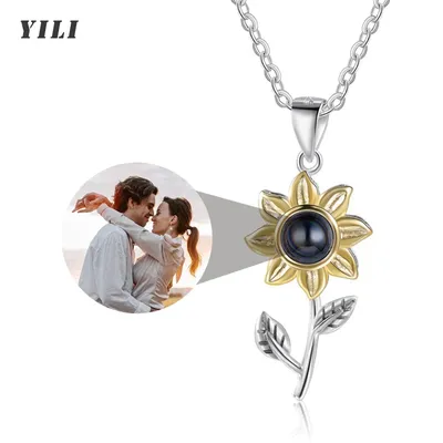 Personalized Sunflower Photo Projection Necklace Custom Picture Pendant I Love You Jewelry Gift for