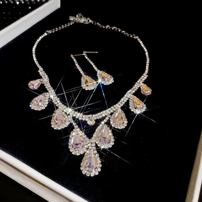 Large Water Drop Flower Necklace Earrings Set Shining Full Rhinestone Necklace For Women Bridal