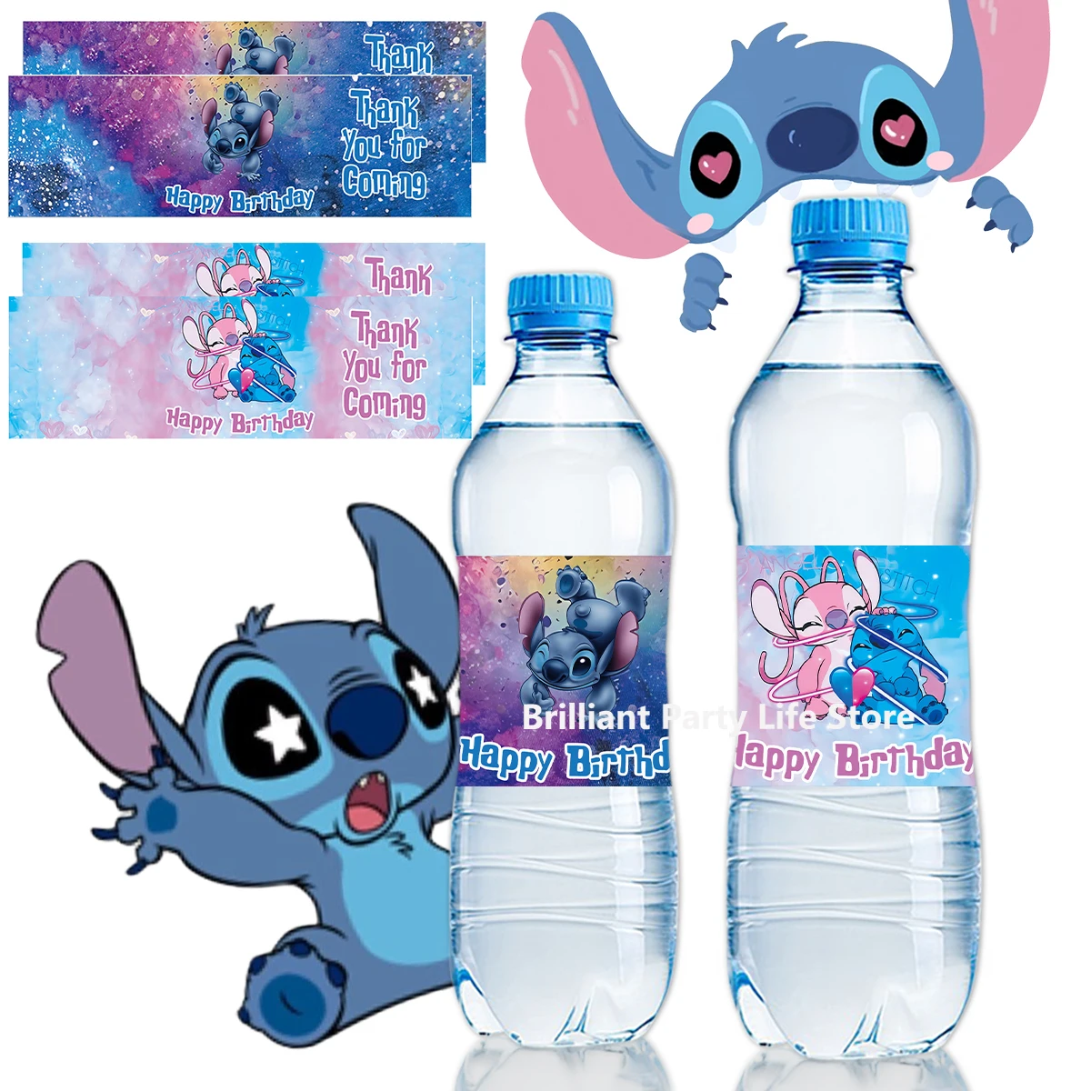 Lilo Stitch Stickers Birthday Party Decoration Stitch Angel Cartoon Baby Shower Party Supplies Juice Bottle Sticker Decoration