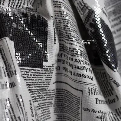 English Graffiti Newspaper Denim Sequin Fabric Information Log Black and White Gray Autumn/winter