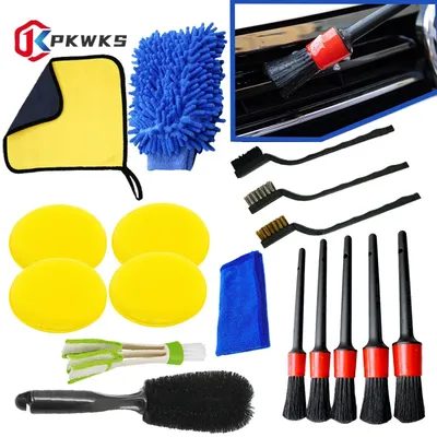 PKWKS 17Pcs Car Detailing Brush Set Car Cleaning Brushes Sponges Towels for Car Air Vents Rim