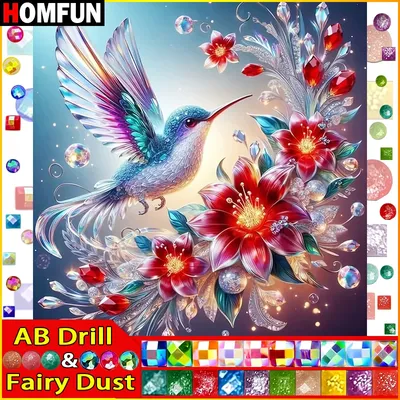 HOMFUN Fairy Dust AB Full Diamond Embroidery "Animal Bird Flower" Diamond Painting Patterns
