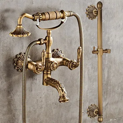 Antique Brass Bathtub Shower Faucets Set Wall Mounted Swivel Tub Spout Dual Control Carved
