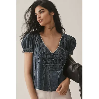 Pilcro Puff-Sleeve V-Neck Swing Blouse