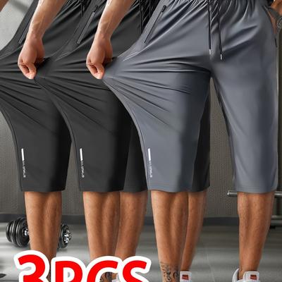 TEMU Set Of 3 Summer Breathable High- Drawstring Zip Pocket Stylish Men's Casual Sports Capri Pants Image