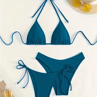 TEMU Solid Color 3 piece Set Bikini, Halter Neck Backless Swimsuits, Women's Swimwear & Clothing Image