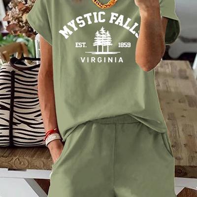 "TEMU [soft Texture] Fall" Women's Casual Two-piece Set - Olive Green, Short Sleeve T-shirt & Shorts, Polyester Blend, Letter Print, Machine Washable" Image
