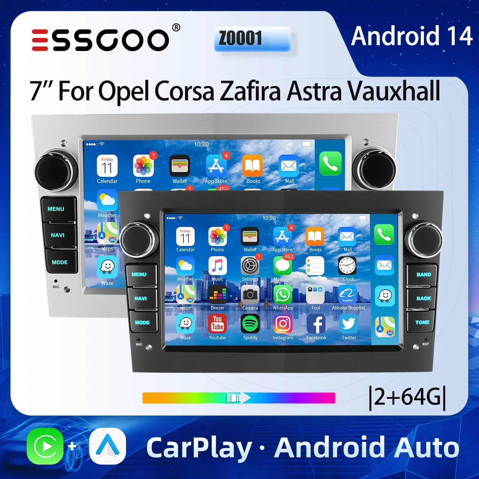 ESSGOO 7" Touchscreen Android 14 Autoradio Carplay Android Auto Für Opel Vauxhall Corsa C/D Antara Astra Zafira Vivara FM RDS BT Wifi Mirror Link Multimedia-Video-Player Hauptgerät Image