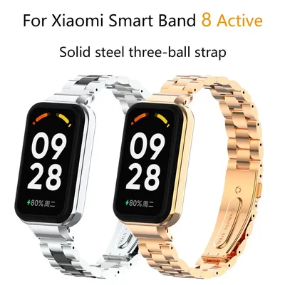 Edelstahlbänder für Xiaomi Mi Band 8 Active, solides Drei-Perlen-Edelstahlarmband + Gehäuse-Armband für Redmi Band 2/8 Active Image