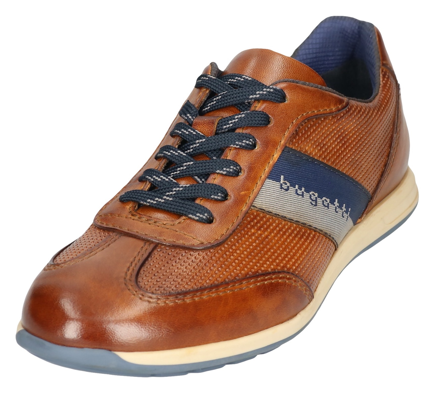 Sneaker BUGATTI, Herren, Gr. 46, braun (cognac used), Leder, Schuhe Sneaker, Businessschuh, Halbschuh, Schnürschuh mit Kontrast-Streifen