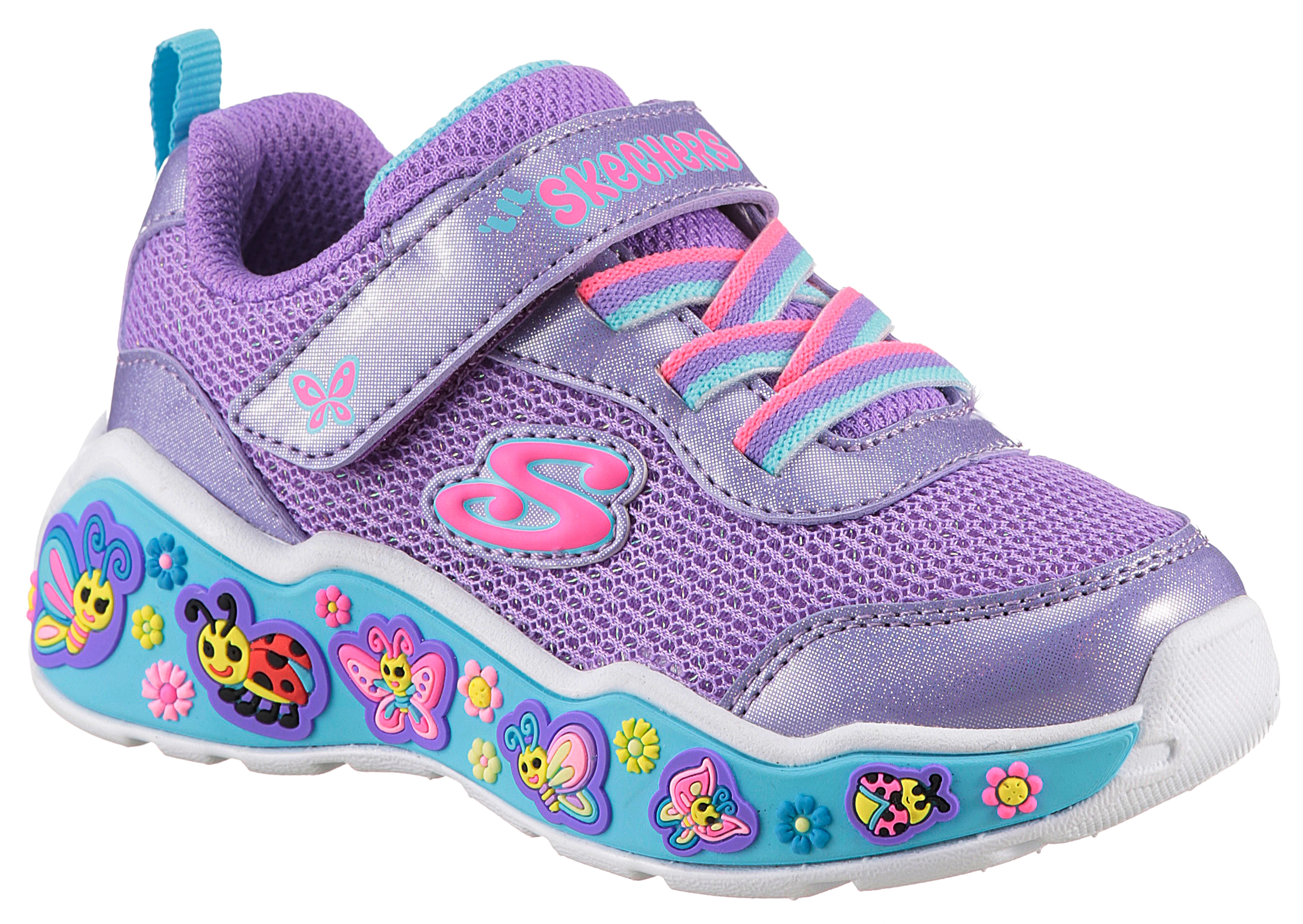 Lauflernschuh SKECHERS "PLAY SCENE-FUN SQUAD", Baby, Gr. 21, lila (lila kombiniert), Lederimitat, Mesh, animal-print, kontrastfarbene Details, Schuhe Lauflernschuh, Sneaker mit bunten Motiven verziert, Größenschablone zum Download