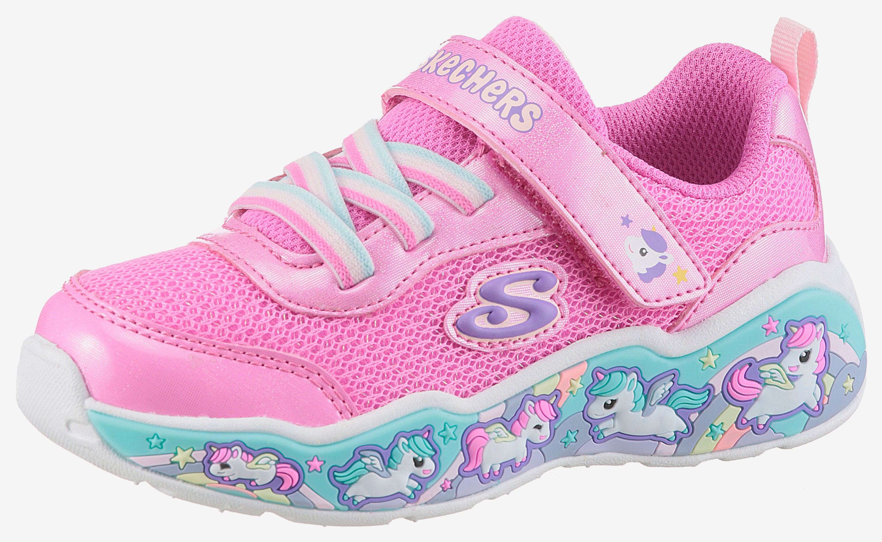 Lauflernschuh SKECHERS "PLAY SCENE-FUN SQUAD", Kinder, Gr. 21, bunt (pink, multi), Lederimitat, Mesh, animal-print, kontrastfarbene Details, Schuhe, Sneaker mit bunten Motiven verziert, Größenschablone zum Download Image
