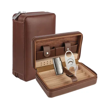 Cedar Wood Cigar Humidor Box PU Leather Cigar Case Storage Portable Humidifier 4 Cigars Box Humidor