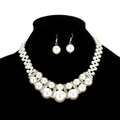 3pcs Elegant Pearl Necklace Earrings Jewelry Set For Women Beaded Choker Necklace Dangle Earrings