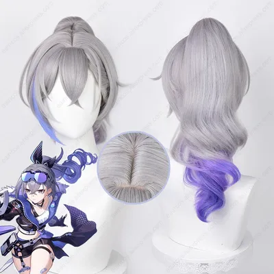 HSR Silver Wolf Cosplay Wig 50cm/88cm Long Silver Gray Purple Mixed Color Wigs Heat Resistant