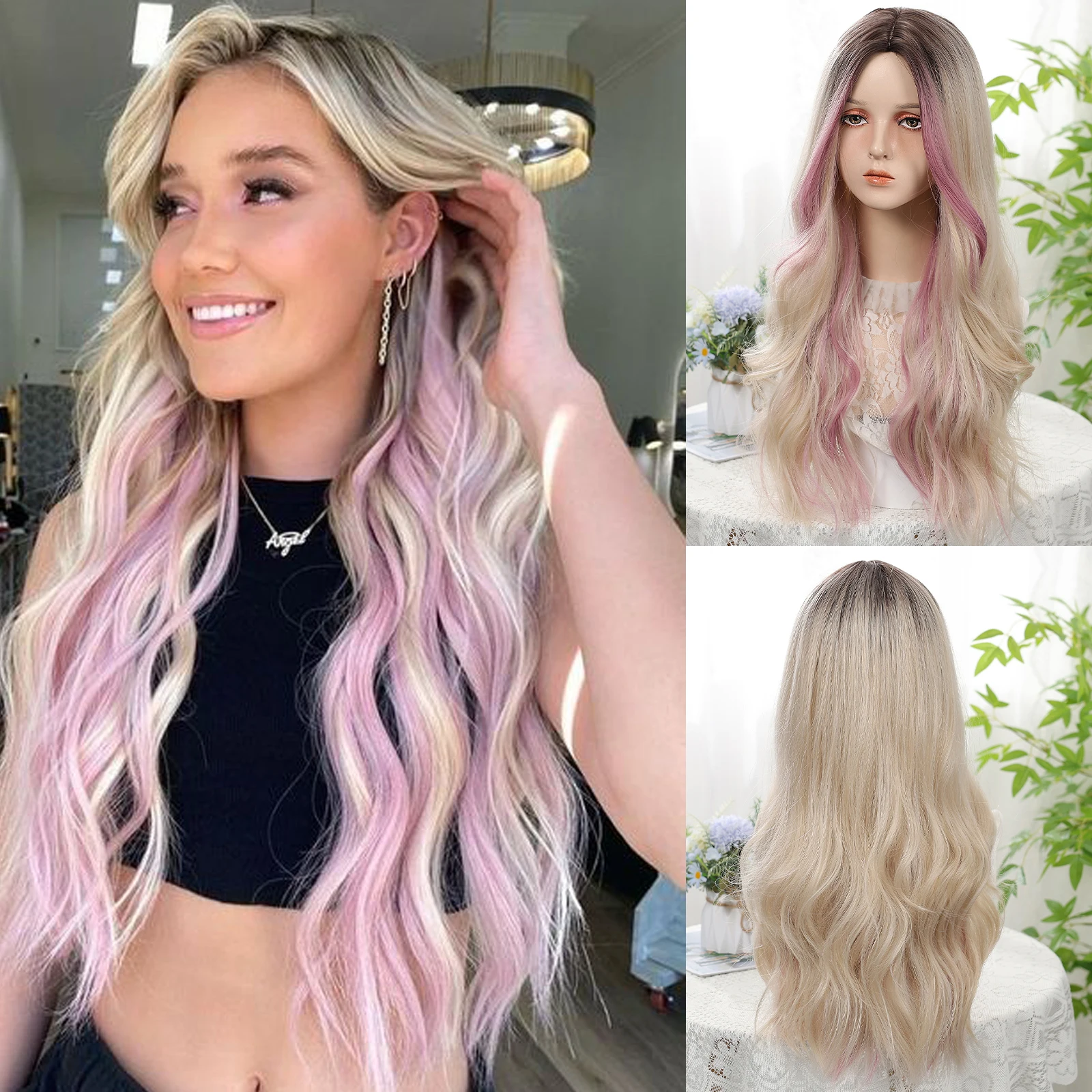 Gewellte blonde rosa synthetische dunkle Wurzel perücken mit Pony Cosplay Haar rosa Highlight lange Körper welle Perücke hitze beständig täglichen Gebrauch Image