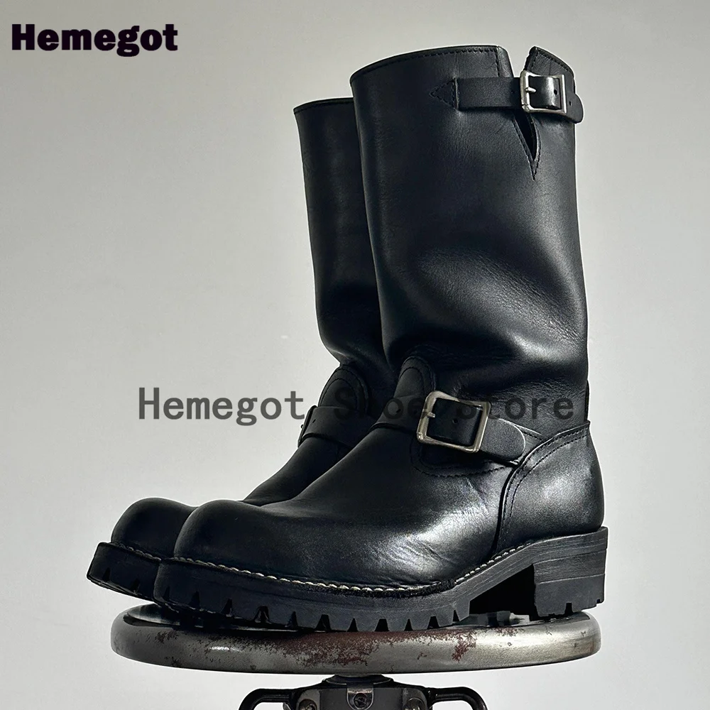 Schwarze Lederstiefel für Herren, Gürtelschnallen, Chelsea-Stiefel, Ritterstiefel, hohe Herrenschuhe mit dicken Sohlen, handgefertigte neueste Herrenstiefel
