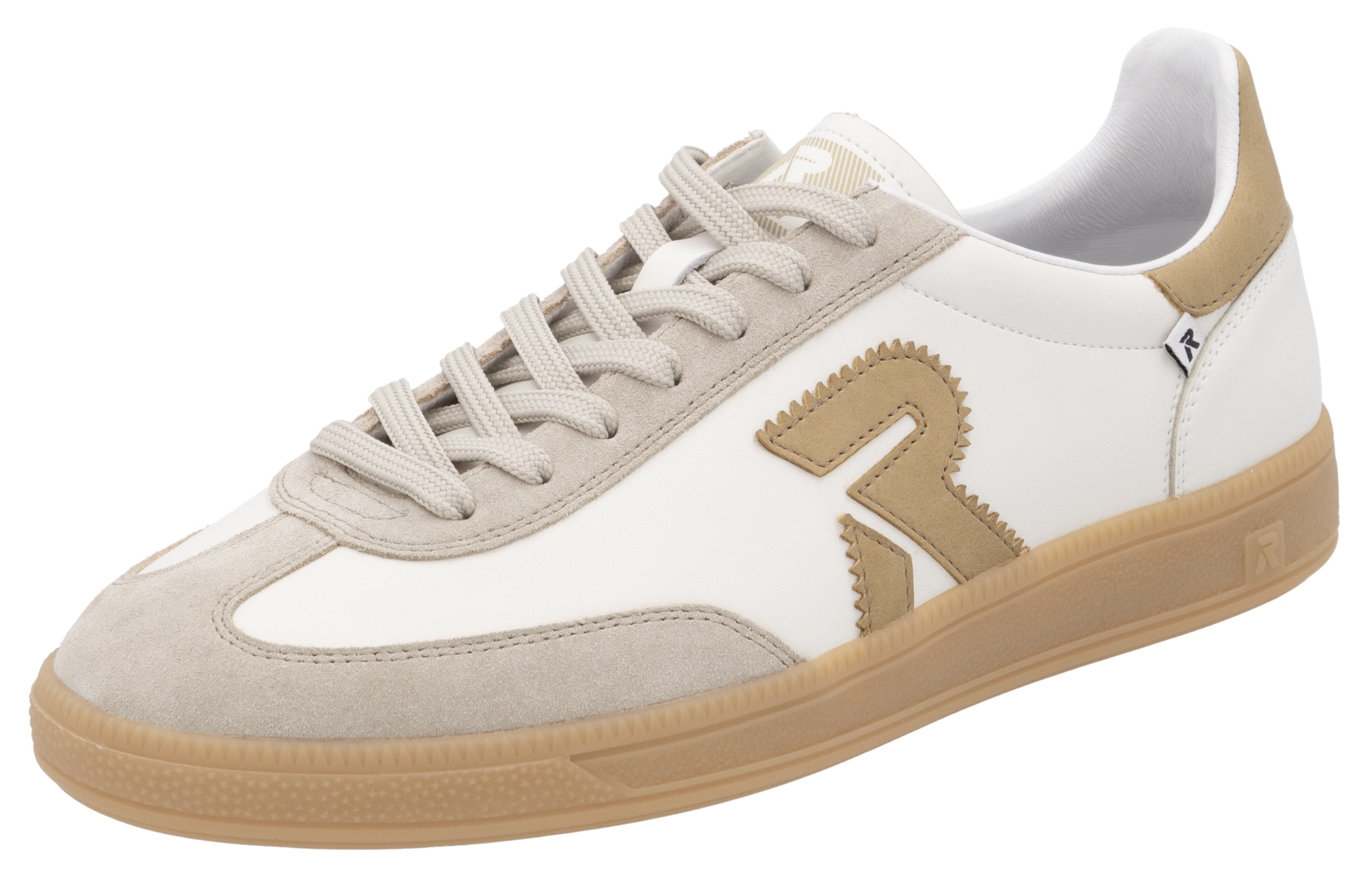 Sneaker RIEKER SPORT "San Diego Swing2GO", Damen, Gr. 42, beige (weiß, sand), Leder, Veloursleder, kontrastfarbene Details, Schuhe Sneaker, Retro-Sneaker aus der neuen Christoph Kramer Kollektion