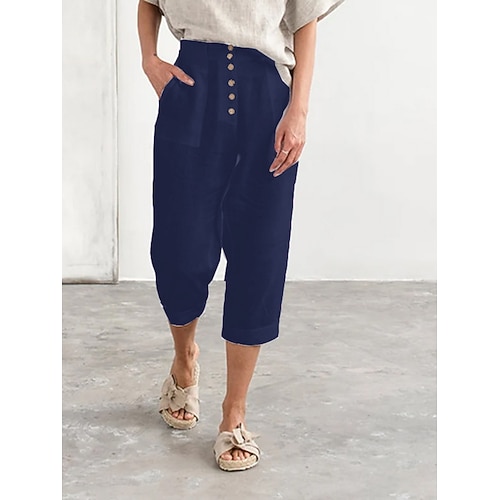 Damen Kunstbaumwollleinen Chinos Mode Streetwear Wadenlang Hohe Taille Einfach Tasche Elastischer Bund Bequem Weich Mikroelastisch Outdoor Straße Navy-Blau Weiß Sommer Frühling Normale Passform Image