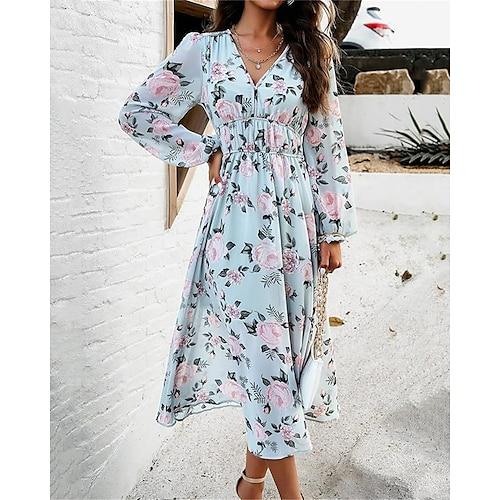 Damen kleid lang Casual kleid A Linie Kleid Blumenkleid Sommerkleid Elegant Stilvoll Urlaub Täglich Verabredung Regular Fit Blumen Langarm V Ausschnitt Rosa Leicht Blau Sommer