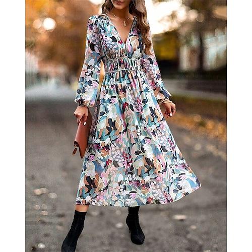 Damen kleid lang Casual kleid A Linie Kleid Blumenkleid Sommerkleid Elegant Stilvoll Urlaub Täglich Verabredung Regular Fit Blumen Langarm V Ausschnitt Rosa Leicht Blau Sommer