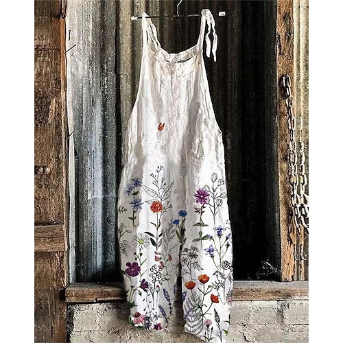 Damen Hosen Hose Overall Jumpsuit Leicht Lässig Knöchellang Mittlere Hüfthöhe Blumen Grafik Drucken Atmungsaktivität Bequem Unelastisch Heim Alltagstauglich Weinrot Azurblau Fluss-Blau Weiß Sommer Image