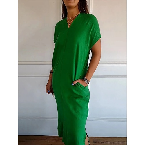 Damen Midikleid Baumwoll Mischung Shiftkleid Freizeitkleid Basic Lässig Täglich Urlaub Normale Passform Einfarbig Kurzarm V Ausschnitt Schwarz Grün Sommer Image
