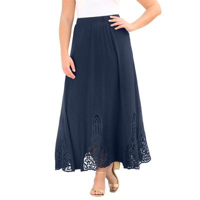 Plus Size Women's Ultrasmooth® Fabric Lace Maxi Skirt by Roaman's in Navy (Size 12)