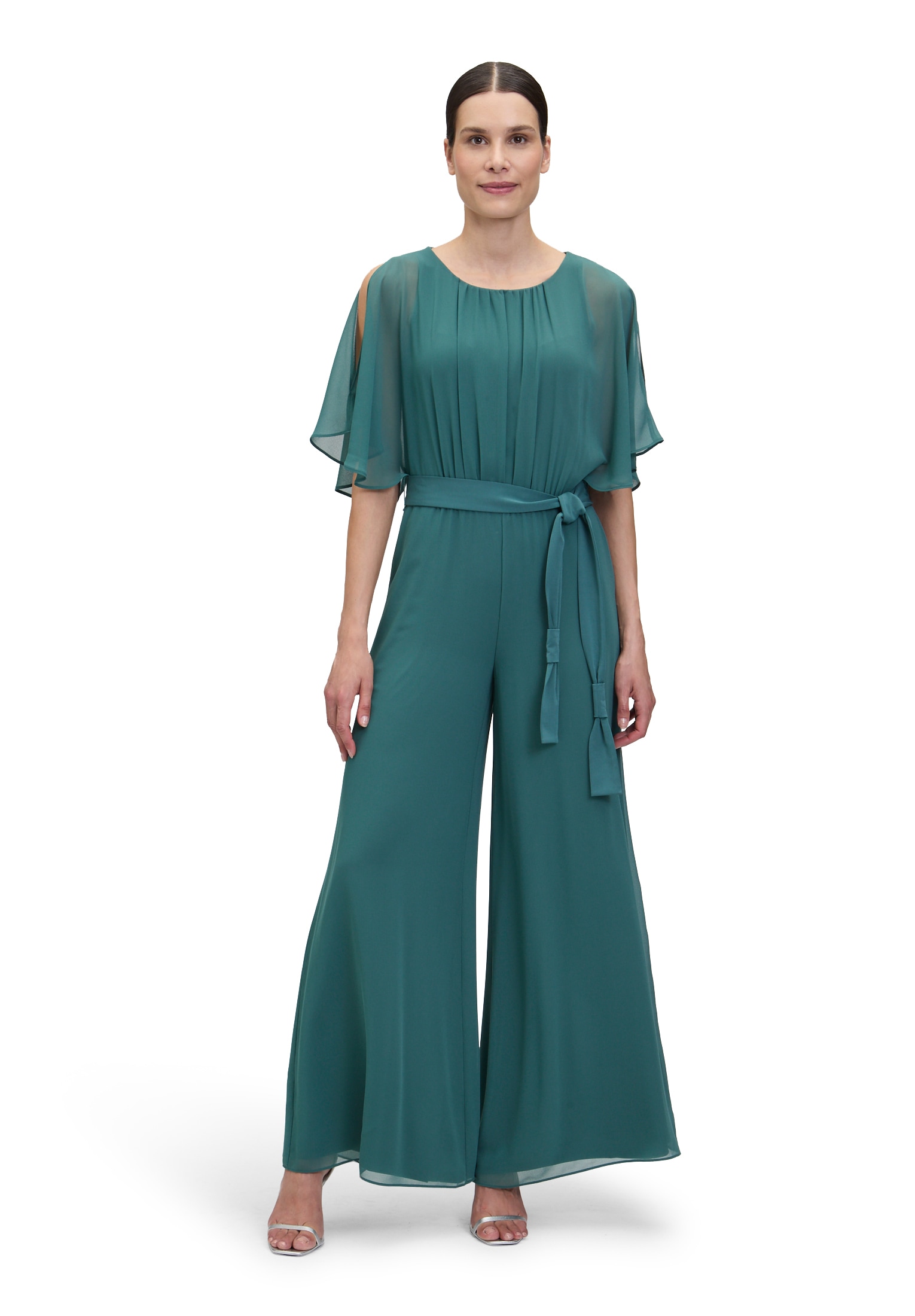 Overall VERA MONT "Damen Jumpsuit mit Bindegürtel", Damen, Gr. 48, grün (schwarz emerald), Chiffon, Obermaterial: 100% Polyester. Futter: 100% Polyester., ausgestellt, Rundhals, Overalls, Design Image