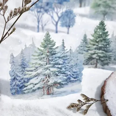 20 Stück PET-Aufkleber, Baum, Schatten im Schnee, kalter Wald, Winterbaum, Landschaftsbau, Handbuch, Zubehör, Paket, Sammelalbum, geschnitten, 141 x 90 mm Image