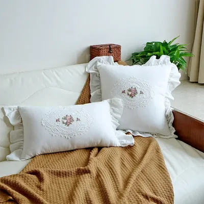 Französisches Spitzen-Baumwoll-weißes Kissen, quadratisches Kissen, Lendenkissen, Retro-Kissen im pastoralen Stil, Sofa, Schlafzimmer, Rücken, dekorativer Kissenbezug Image