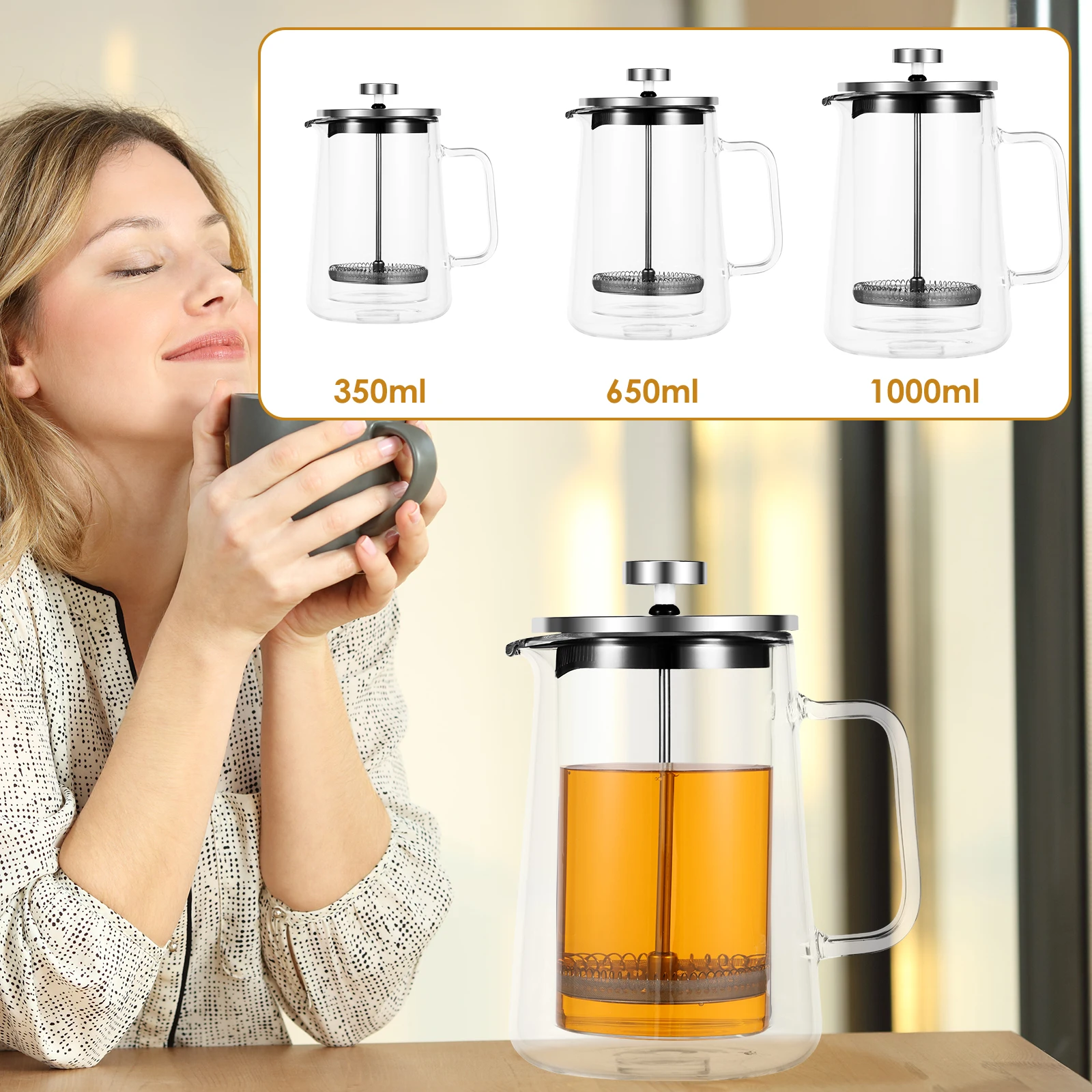 350–1000 ml French-Press-Kaffeekanne, doppelwandiges Glas, klare French-Press-Teebereiter, multifunktionale Kaffeemaschine für das Heimbüro Image