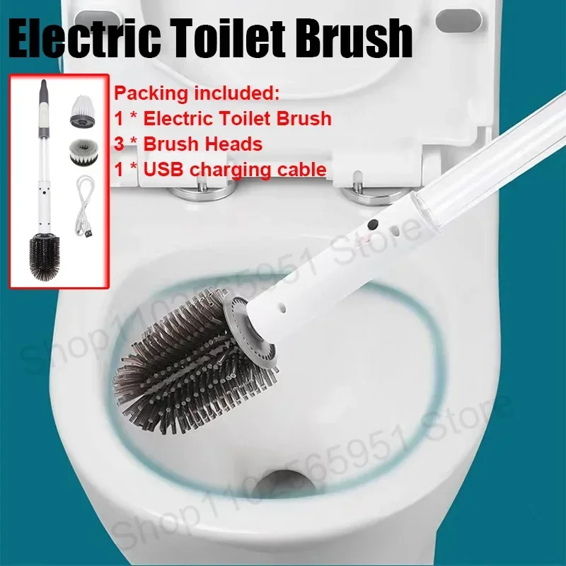 Kabellose elektrische Toilettenbürste mit langem Griff 360° ° Rotation Reinigungsbürste Haushalt Badezimmer USB wiederaufladbare weiße Reinigungswerkzeuge Image