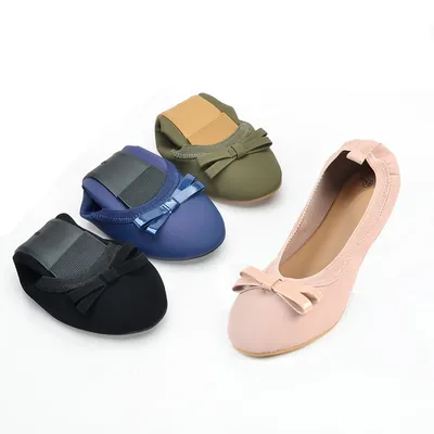 COSYSUSY Ladies Black Nubuck Elastic Pump Bows Embellished Round Toe Flat Foldable Daily Ballet Shoes
